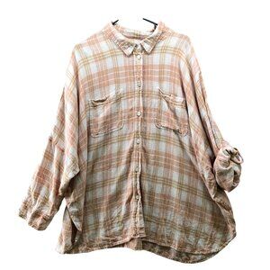 American Eagle Oversized Linen Blend Shirt Womens XL Boyfriend Peach White Plaid